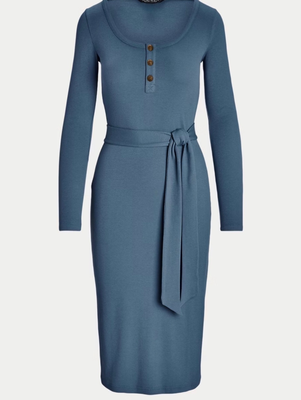 Lauren Ralph Lauren Blue Ribbed Belted Henley Midi Dress Large